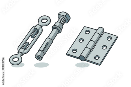 Assortment of metal fastening hardware including turnbuckle toggle bolt and door hinge