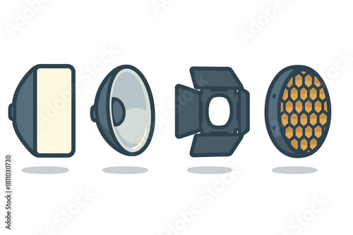 Professional photography studio lighting modifiers set including softbox beauty dish barn doors and honeycomb grid