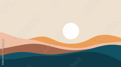 Abstract Desert Waves, Neutral Colors, Curved Shapes, Graphic Landscape, Background. An elegant illustration depicting the undulating desert landscape under a bright sun, can be used for web