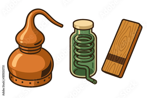 Essential elements for alcohol distillation including a copper alembic and cooling coil