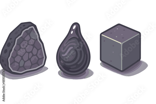 Stylized dark gray resource icons featuring a rough geode, a thick liquid drop, and a solid cubic block