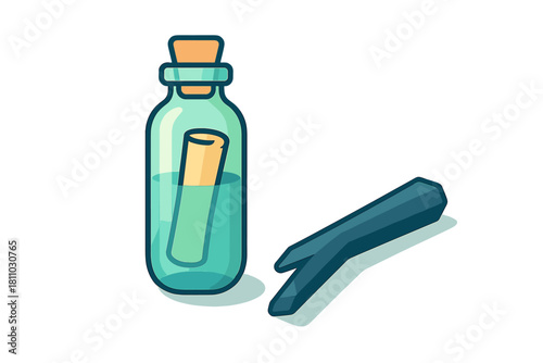 Glass bottle containing a rolled message floating in the ocean next to a piece of driftwood