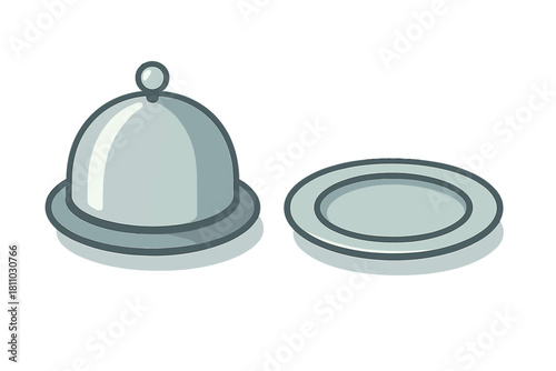 Metallic food cloche dome cover and empty serving plate for restaurant dining service