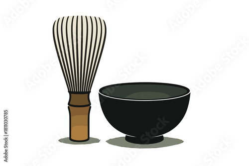 Japanese bamboo whisk and black ceramic bowl for preparing matcha green tea