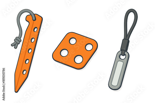 Bright orange tent peg, cord lock, and zipper lanyard set for outdoor equipment