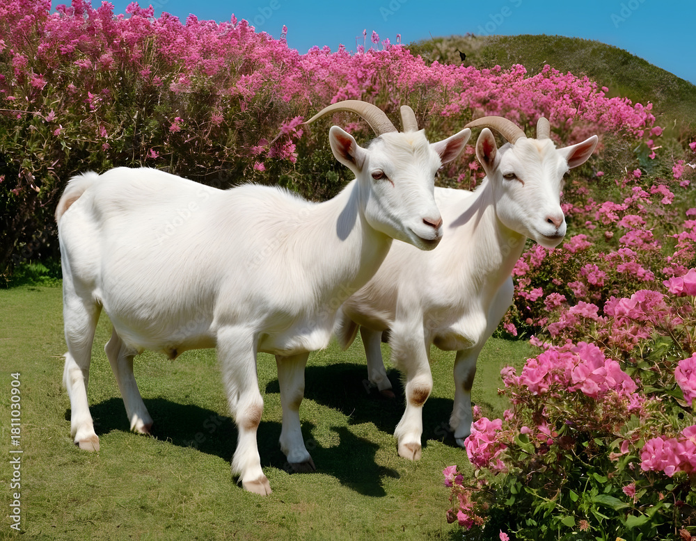 Obraz premium A pair of white goats on the grass between the white and pink flowers on a gorgeous beach with blue sky. goat in the meadow.