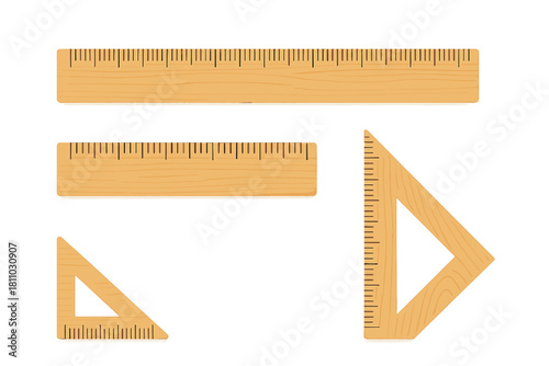 Collection of wooden measuring tools including straight rulers and triangular set squares