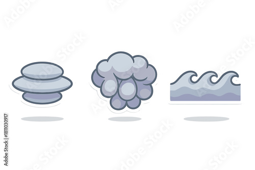 Zen stone stack steam cloud and ocean wave icons set for balance