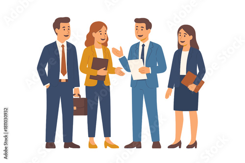 Group of diverse business professionals collaborating and discussing work, standing in formal corporate suits