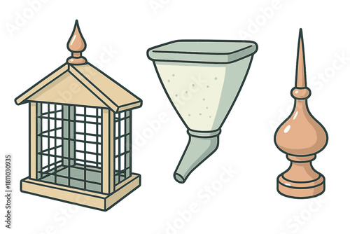 Wooden bird feeder components including a seed hopper, cage structure, and decorative finial spire