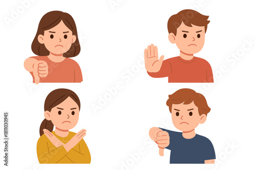 Young people showing strong disapproval with negative hand gestures like thumbs down, stop, and crossed arms