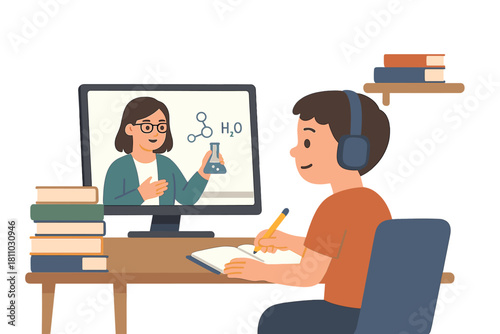 Young boy studying chemistry online with a female teacher giving a lecture via video call on a desktop monitor