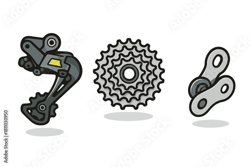 Bicycle drivetrain components: derailleur, cassette, and chain links isolated