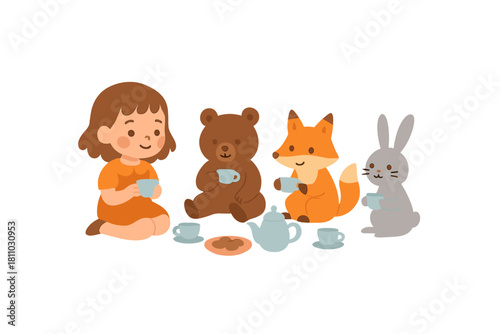 Little girl having a playful tea party with woodland animal friends: bear, fox, and rabbit