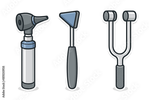 Medical diagnostic tools: otoscope, reflex hammer, and tuning fork set