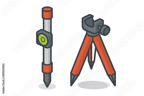 Professional surveying equipment set with leveling rod, bubble level, and tripod stand