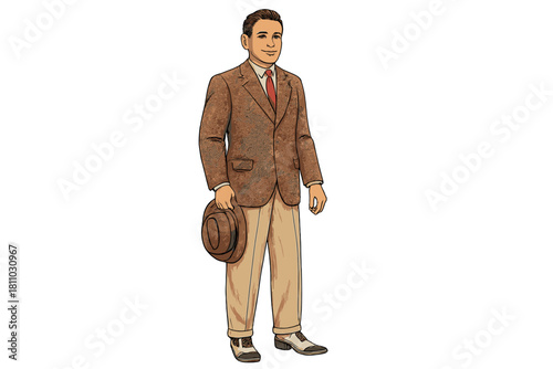 A smiling man wearing a vintage tweed jacket and holding a classic fedora hat