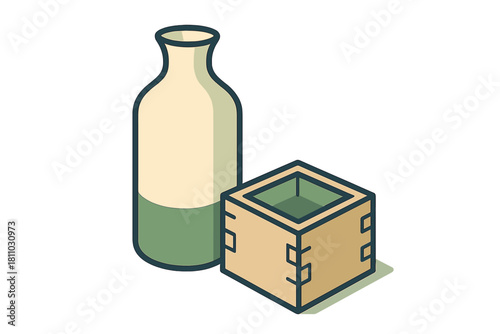 Traditional Japanese sake bottle and wooden masu cup set used for serving alcoholic beverages