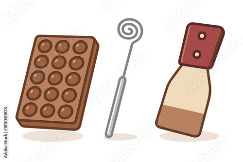 Baking and confectionery equipment set with chocolate mold, swirl dipper, and spatula