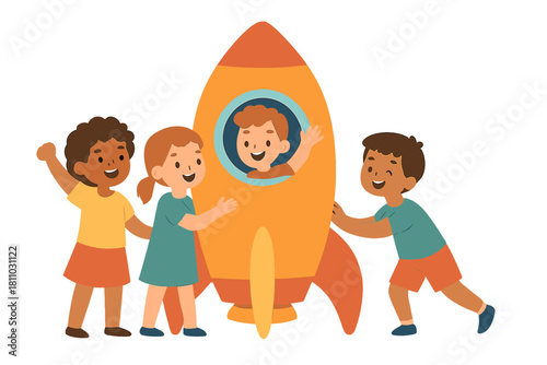 Happy diverse children playing together with a large orange toy rocket ship against a white background