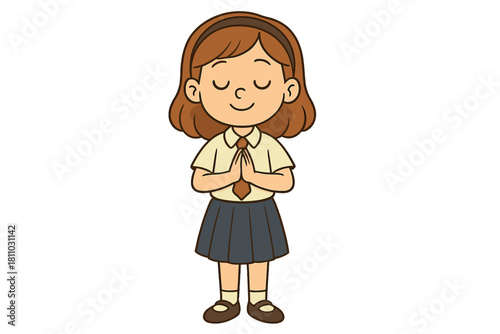 Cute schoolgirl character standing in uniform with hands clasped in respectful greeting pose
