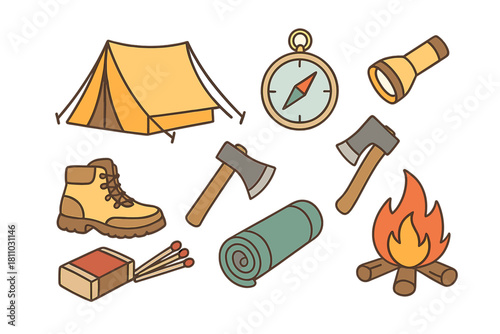 Collection of essential camping and hiking equipment for outdoor adventures