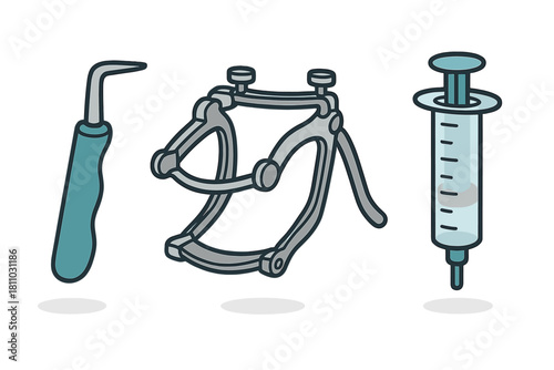 Set of dental instruments including scaler, face bow, and syringe icons
