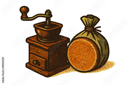 Vintage hand crank coffee mill and a tied burlap sack of freshly roasted coffee beans