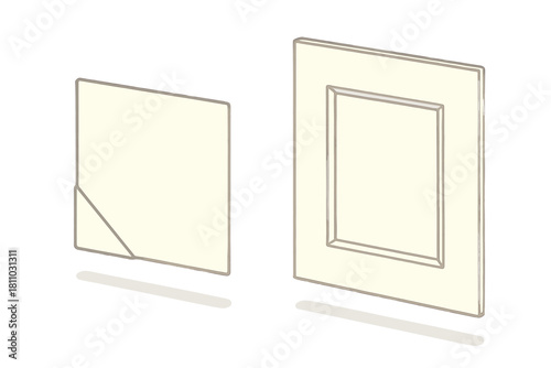 Simple isometric view of two common kitchen cabinet door panel styles