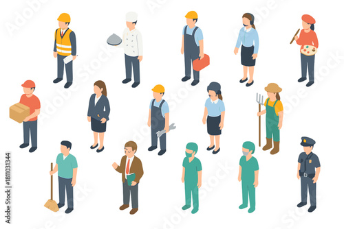 Isometric icons depicting diverse professional workers and various occupations