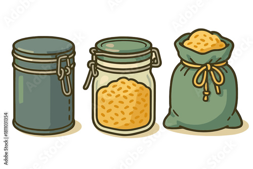 Set of three kitchen storage containers: metal canister, glass jar, and cloth sack with grains