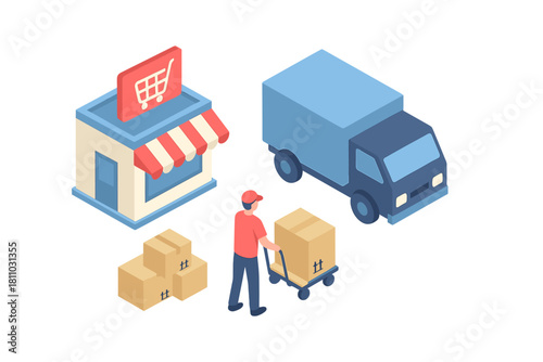 Isometric logistics concept for online shopping delivery service fulfillment