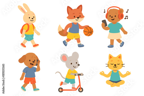 Adorable animal characters performing modern activities and hobbies