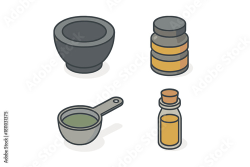 Isometric set of natural medicine preparation tools and supplement containers