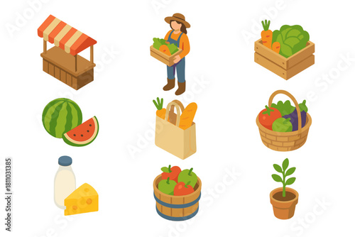 Isometric icons set of farm market produce and vendor elements