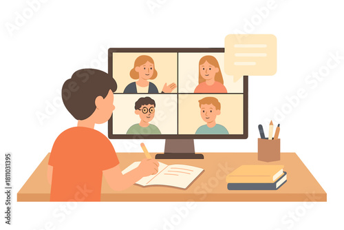 Young student attending online class video conference call from home desk setup
