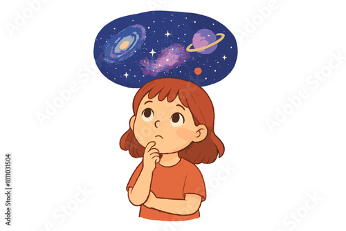 Young girl imagining space, galaxy, and distant planets in a thought bubble