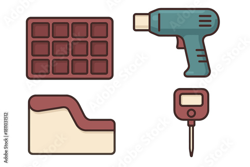 Professional tools and ingredients for making chocolate and confectionery desserts