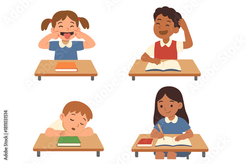 Diverse elementary students sitting at classroom desks showing various school day activities and moods