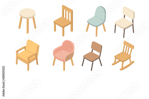 Isometric collection of various wooden and upholstered seating furniture items