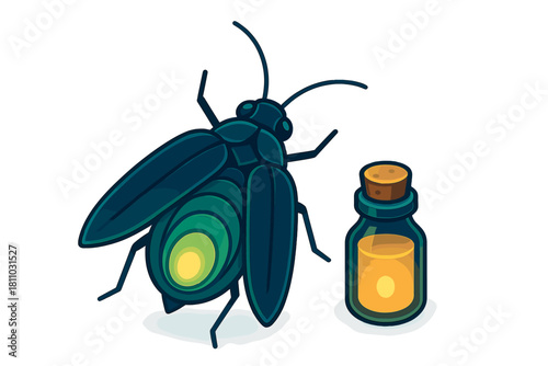 Stylized glowing firefly next to a corked glass vial containing luminous essence