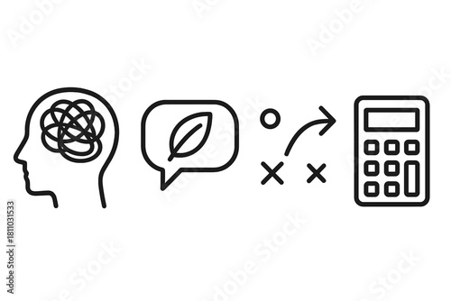 Line icons for complex thinking, environmental communication, strategic planning, and financial calculation