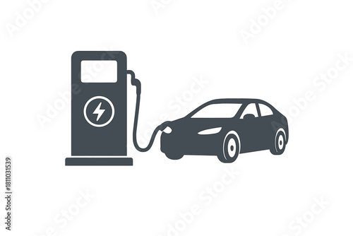 Electric vehicle charging station connected to modern sedan icon