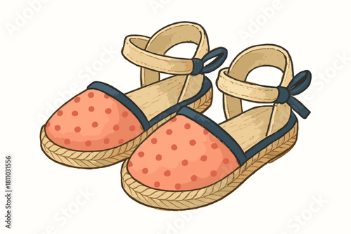 Stylish pair of vintage espadrille sandals with polka dots and woven jute soles