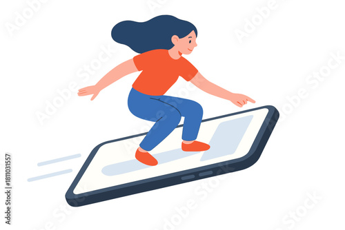 Dynamic woman surfing digital waves on smartphone screen symbolizing fast connection