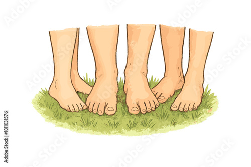 Bare feet of several people standing closely together on a small patch of green grass