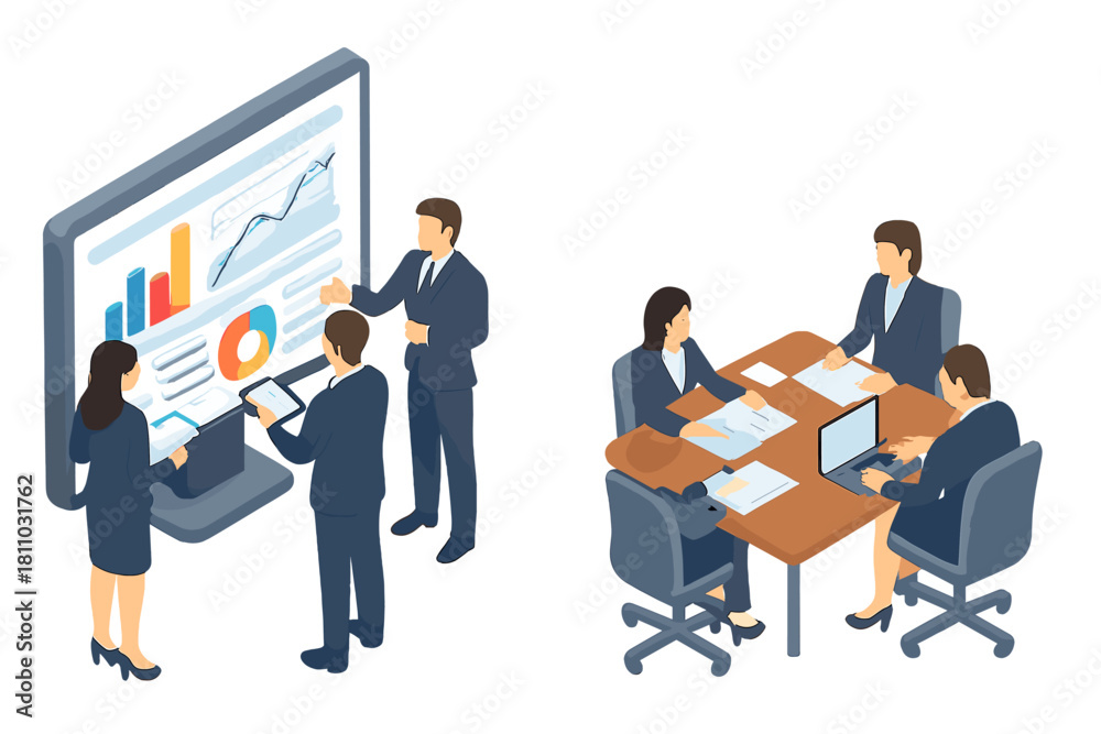 Obraz premium Isometric business team analyzing financial charts during a meeting