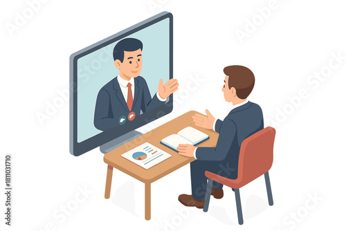 Isometric business meeting with remote colleague via video conference call