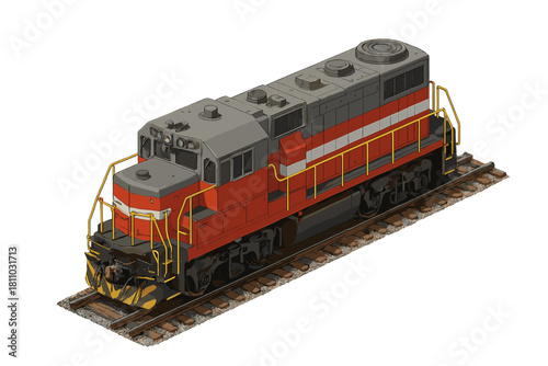Isometric view of diesel locomotive resting on railroad tracks