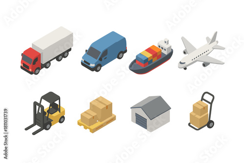 Isometric icons for global shipping and logistics transport modes